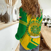 Comoros Flag Women Casual Shirt with Green and Yellow Design and National Emblem
