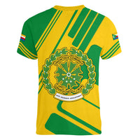 Comoros Flag Women V-Neck T-Shirt with Green and Yellow Design and National Emblem