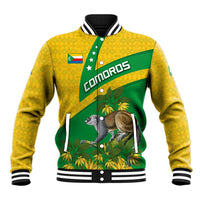 Comoros Baseball Jacket with National Flag Lemur Design and Ylang Ylang Flower Pattern