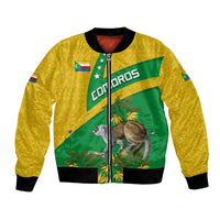 Comoros Bomber Jacket with National Flag Lemur Design and Ylang Ylang Flower Pattern