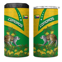 Comoros 4 in 1 Can Cooler Tumbler with National Flag Lemur Design and Ylang Ylang Flower Pattern