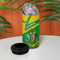 Comoros 4 in 1 Can Cooler Tumbler with National Flag Lemur Design and Ylang Ylang Flower Pattern