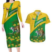 Comoros Couples Matching Long Sleeve Bodycon Dress and Hawaiian Shirt with National Flag Lemur Design and Ylang Ylang Flower Pattern