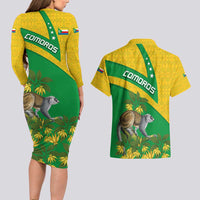 Comoros Couples Matching Long Sleeve Bodycon Dress and Hawaiian Shirt with National Flag Lemur Design and Ylang Ylang Flower Pattern