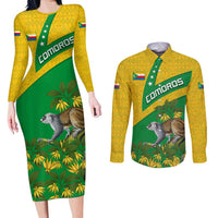 Comoros Couples Matching Long Sleeve Bodycon Dress and Long Sleeve Button Shirt with National Flag Lemur Design and Ylang Ylang Flower Pattern