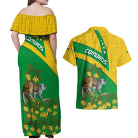 Comoros Couples Matching Off Shoulder Maxi Dress and Hawaiian Shirt with National Flag Lemur Design and Ylang Ylang Flower Pattern