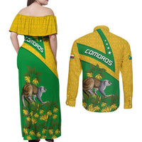 Comoros Couples Matching Off Shoulder Maxi Dress and Long Sleeve Button Shirt with National Flag Lemur Design and Ylang Ylang Flower Pattern