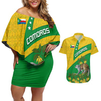 Comoros Couples Matching Off Shoulder Short Dress and Hawaiian Shirt with National Flag Lemur Design and Ylang Ylang Flower Pattern