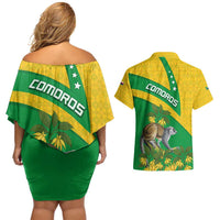 Comoros Couples Matching Off Shoulder Short Dress and Hawaiian Shirt with National Flag Lemur Design and Ylang Ylang Flower Pattern