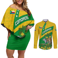Comoros Couples Matching Off Shoulder Short Dress and Long Sleeve Button Shirt with National Flag Lemur Design and Ylang Ylang Flower Pattern