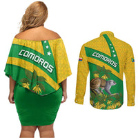 Comoros Couples Matching Off Shoulder Short Dress and Long Sleeve Button Shirt with National Flag Lemur Design and Ylang Ylang Flower Pattern