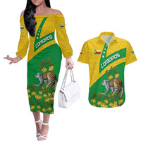 Comoros Couples Matching Off The Shoulder Long Sleeve Dress and Hawaiian Shirt with National Flag Lemur Design and Ylang Ylang Flower Pattern