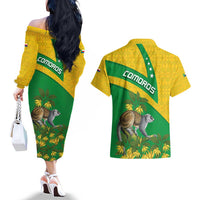 Comoros Couples Matching Off The Shoulder Long Sleeve Dress and Hawaiian Shirt with National Flag Lemur Design and Ylang Ylang Flower Pattern