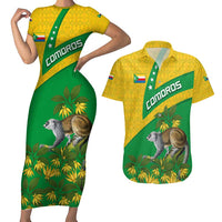 Comoros Couples Matching Short Sleeve Bodycon Dress and Hawaiian Shirt with National Flag Lemur Design and Ylang Ylang Flower Pattern