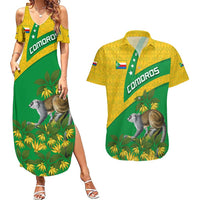 Comoros Couples Matching Summer Maxi Dress and Hawaiian Shirt with National Flag Lemur Design and Ylang Ylang Flower Pattern