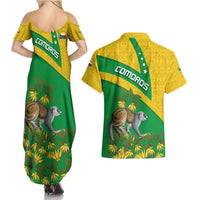 Comoros Couples Matching Summer Maxi Dress and Hawaiian Shirt with National Flag Lemur Design and Ylang Ylang Flower Pattern