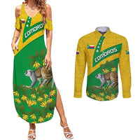 Comoros Couples Matching Summer Maxi Dress and Long Sleeve Button Shirt with National Flag Lemur Design and Ylang Ylang Flower Pattern
