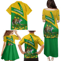 Comoros Family Matching Puletasi and Hawaiian Shirt with National Flag Lemur Design and Ylang Ylang Flower Pattern