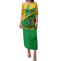 Comoros Family Matching Puletasi and Hawaiian Shirt with National Flag Lemur Design and Ylang Ylang Flower Pattern