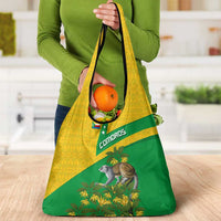 Comoros Grocery Bag with National Flag Lemur Design and Ylang Ylang Flower Pattern