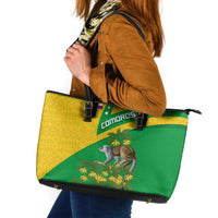 Comoros Leather Tote Bag with National Flag Lemur Design and Ylang Ylang Flower Pattern