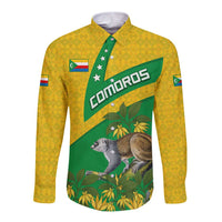 Comoros Long Sleeve Button Shirt with National Flag Lemur Design and Ylang Ylang Flower Pattern