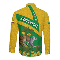 Comoros Long Sleeve Button Shirt with National Flag Lemur Design and Ylang Ylang Flower Pattern