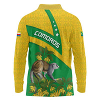 Comoros Long Sleeve Polo Shirt with National Flag Lemur Design and Ylang Ylang Flower Pattern