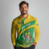 Comoros Long Sleeve Polo Shirt with National Flag Lemur Design and Ylang Ylang Flower Pattern