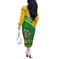 Comoros Off The Shoulder Long Sleeve Dress with National Flag Lemur Design and Ylang Ylang Flower Pattern