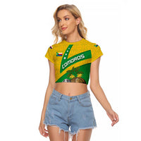 Comoros Raglan Cropped T Shirt with National Flag Lemur Design and Ylang Ylang Flower Pattern