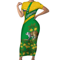 Comoros Short Sleeve Bodycon Dress with National Flag Lemur Design and Ylang Ylang Flower Pattern