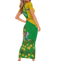 Comoros Short Sleeve Bodycon Dress with National Flag Lemur Design and Ylang Ylang Flower Pattern