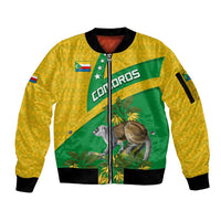 Comoros Sleeve Zip Bomber Jacket with National Flag Lemur Design and Ylang Ylang Flower Pattern