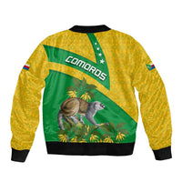 Comoros Sleeve Zip Bomber Jacket with National Flag Lemur Design and Ylang Ylang Flower Pattern