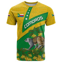 Comoros T Shirt with National Flag Lemur Design and Ylang Ylang Flower Pattern