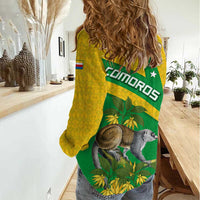 Comoros Women Casual Shirt with National Flag Lemur Design and Ylang Ylang Flower Pattern