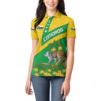 Comoros Women Polo Shirt with National Flag Lemur Design and Ylang Ylang Flower Pattern