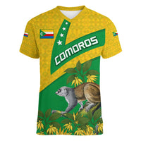 Comoros Women V-Neck T-Shirt with National Flag Lemur Design and Ylang Ylang Flower Pattern