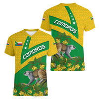 Comoros Women V-Neck T-Shirt with National Flag Lemur Design and Ylang Ylang Flower Pattern