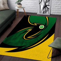 Comoros Area Rug with Green Black Yellow Swirl Design and National Emblem Pattern