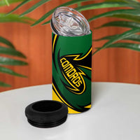 Comoros 4 in 1 Can Cooler Tumbler with Green Black Yellow Swirl Design and National Emblem Pattern