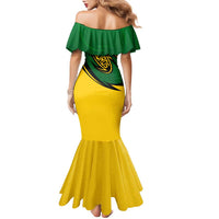 Comoros Family Matching Mermaid Dress and Hawaiian Shirt with Green Black Yellow Swirl Design and National Emblem Pattern