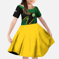 Comoros Family Matching Off The Shoulder Long Sleeve Dress and Hawaiian Shirt with Green Black Yellow Swirl Design and National Emblem Pattern