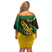Comoros Family Matching Off Shoulder Short Dress and Hawaiian Shirt with Green Black Yellow Swirl Design and National Emblem Pattern