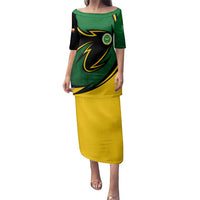 Comoros Family Matching Puletasi and Hawaiian Shirt with Green Black Yellow Swirl Design and National Emblem Pattern