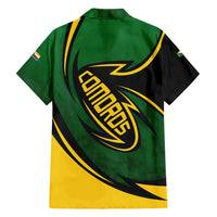 Comoros Family Matching Short Sleeve Bodycon Dress and Hawaiian Shirt with Green Black Yellow Swirl Design and National Emblem Pattern