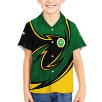 Comoros Family Matching Short Sleeve Bodycon Dress and Hawaiian Shirt with Green Black Yellow Swirl Design and National Emblem Pattern