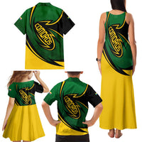 Comoros Family Matching Tank Maxi Dress and Hawaiian Shirt with Green Black Yellow Swirl Design and National Emblem Pattern