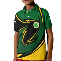 Comoros Kid Polo Shirt with Green Black Yellow Swirl Design and National Emblem Pattern